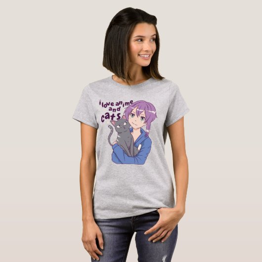 Schattig Ik hou van anime en katten T-shirt (Voorkant volledig)