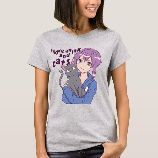 Schattig Ik hou van anime en katten T-shirt (Voorkant)