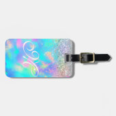 Schattig iriserend holografisch glitter monogram bagagelabel (Voorkant horizontaal)