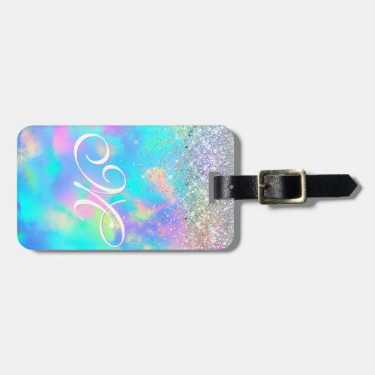 Schattig iriserend holografisch glitter monogram bagagelabel (Voorkant horizontaal)