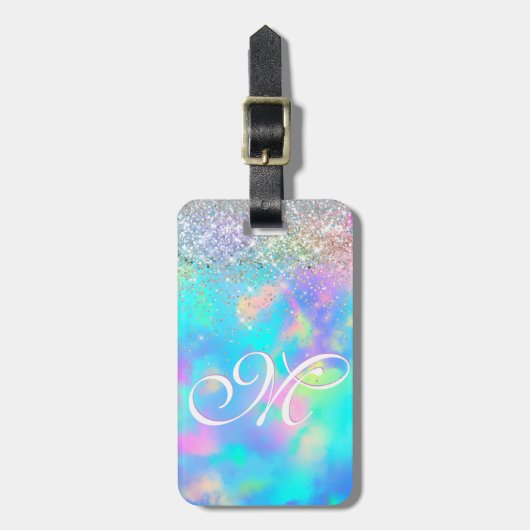 Schattig iriserend holografisch glitter monogram bagagelabel (Voorkant verticaal)