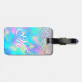Schattig iriserend holografisch glitter monogram bagagelabel (Achterkant horizontaal)