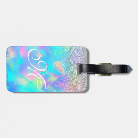 Schattig iriserend holografisch glitter monogram bagagelabel (Achterkant horizontaal)