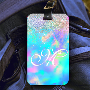 Schattig iriserend holografisch glitter monogram bagagelabel