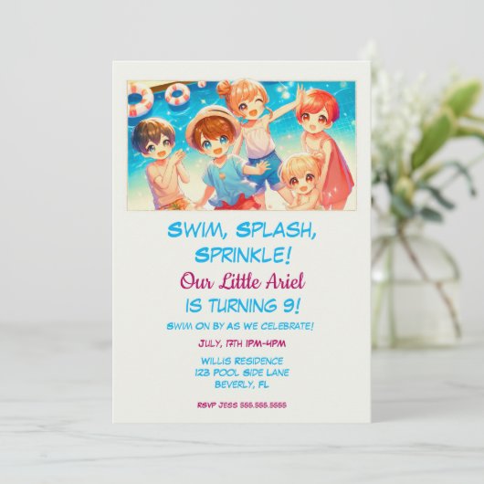 Schattig Japans Anime Kinder Zwembad Verjaardagsfe Kaart (Staand voorkant)