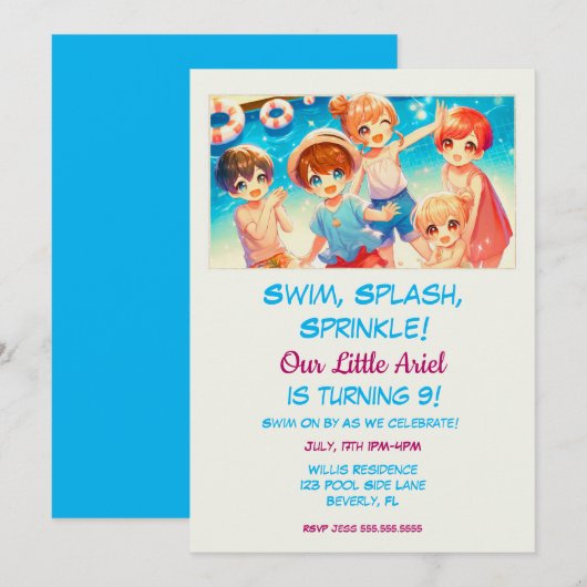 Schattig Japans Anime Kinder Zwembad Verjaardagsfe Kaart (Voorkant / Achterkant)