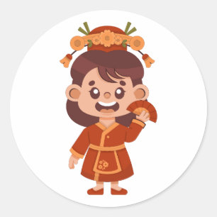 Schattig Japans Geisha Meisje Vouw Waaiers Kimono Ronde Sticker