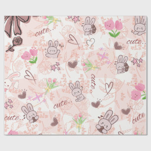 Schattig Japanse Kawaii Konijn en Roze Gingham Ger Cadeaupapier