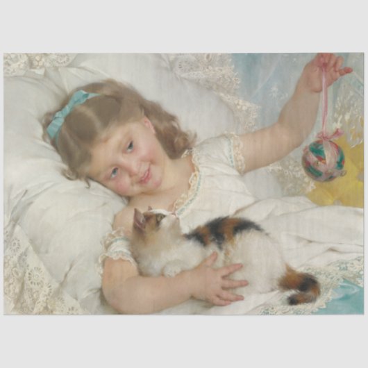 Schattig jong meisje spelen met haar huisdier kat tissuepapier (Voorkant)