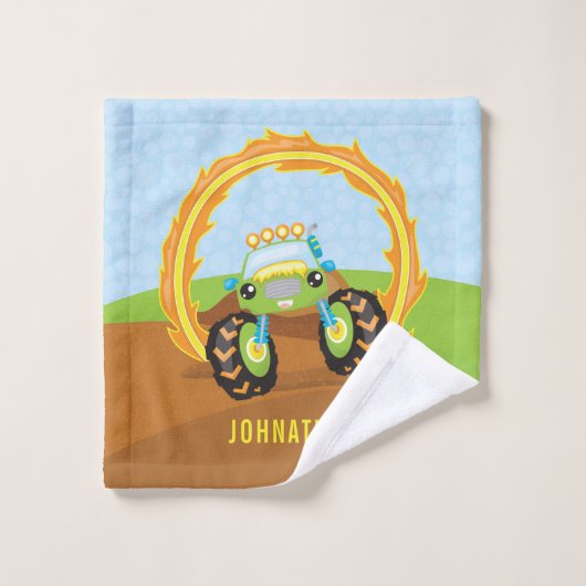 Schattig Jongen Groen Monster Truck Gepersonalisee Bad Handdoek (Wasdoekje)