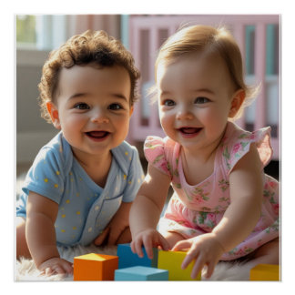 Schattig jongetje en meisje spelen in een zonnige perfect poster