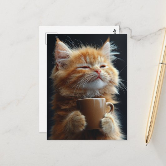 Schattig Kabouterpoesje Met een Koffie Briefkaart (Voorkant / Achterkant in situ)
