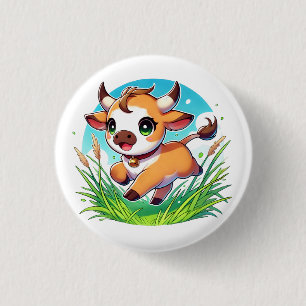 Schattig kalf loopt vrolijk door een veld ronde button 3,2 cm