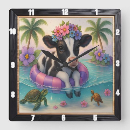 Schattig kalf Tropical Swim Vierkante Klok (Voorkant)