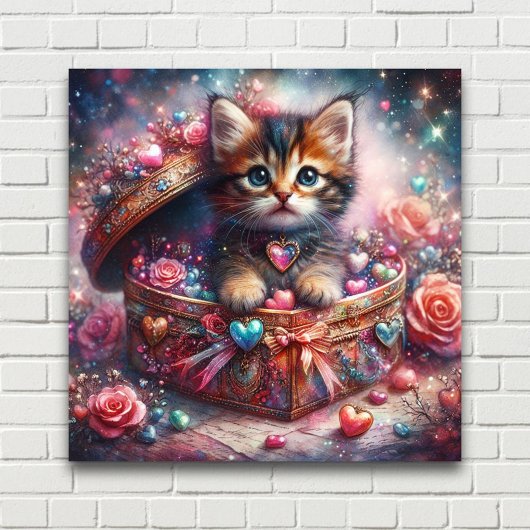 Schattig Kat in hartdoos met bloemen Poster