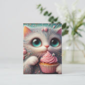 Schattig Kat met een roze cupcake Briefkaart (Staand voorkant)