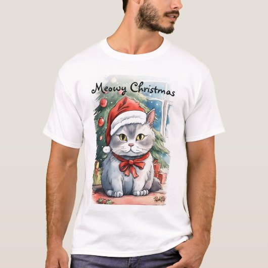 Schattig kat waterverf stijl Meowy Kerstmis T-shirt (Voorkant)