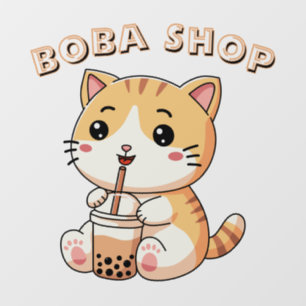 Schattig katje drinkt bubble tea, boba thee raamsticker
