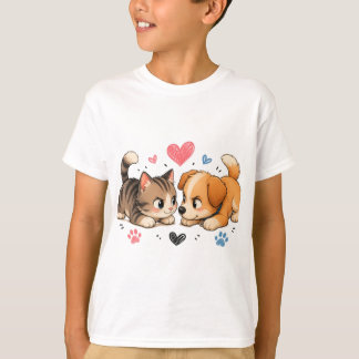 Schattig katje en puppy spelen staren t-shirt