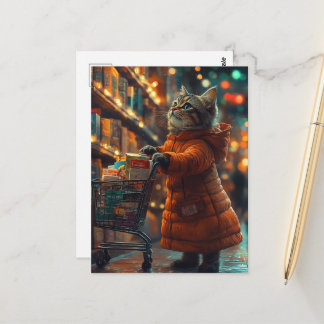Schattig katje gekleed in oranje doet boodschappen briefkaart