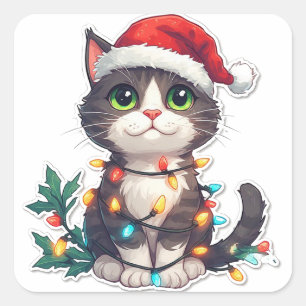 Schattig katje kerstportret met kerstmuts vierkante sticker