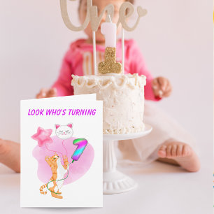 Schattig katje met 1e verjaardag ballonnen kaart