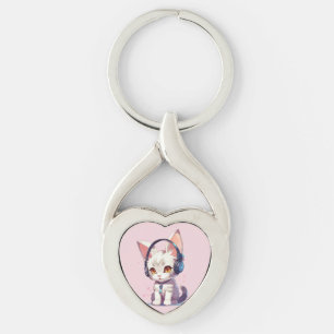 Schattig katje met oorknopjes bedel sleutelhanger