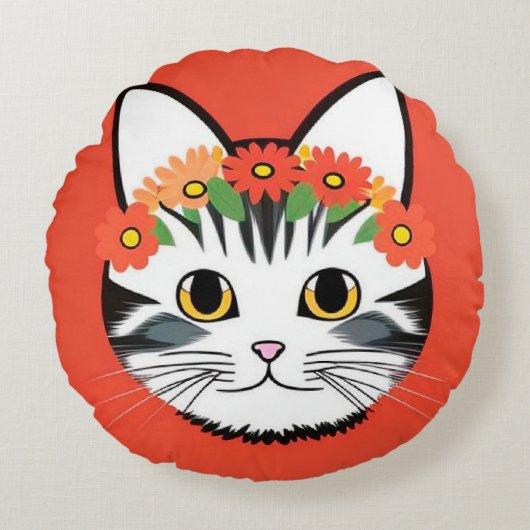 Schattig Kattengezicht Levendige Illustratie Rond Kussen (Voorkant)