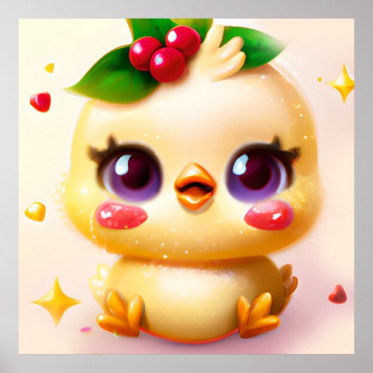 Schattig Kawaii Baby Kuiken met Hulst Poster (Voorkant)
