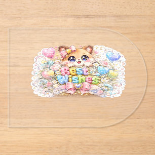 Schattig Kawaii Beste Wensen Kat Pastel Roze Bloem Acryl Uitnodigingen