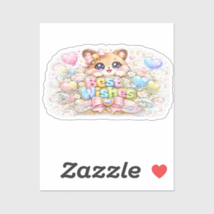 Schattig Kawaii Beste Wensen Kat Pastel Roze Bloem Sticker