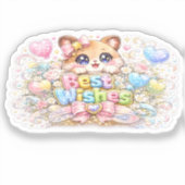 Schattig Kawaii Beste Wensen Kat Pastel Roze Bloem Sticker (Voorkant)