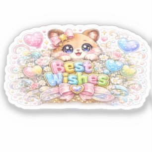 Schattig Kawaii Beste Wensen Kat Pastel Roze Bloem Sticker