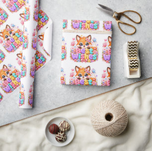 Schattig Kawaii Beste Wensen Vos Naam Pastel Roze  Cadeaupapier