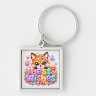 Schattig Kawaii Beste Wensen Vos Naam Pastel Roze Sleutelhanger