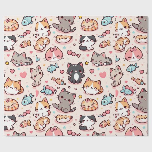 Schattig Kawaii Cats Pattern Cadeaupapier (Vlak)