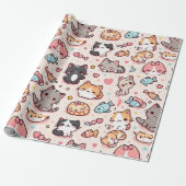 Schattig Kawaii Cats Pattern Cadeaupapier (Uitgerold)