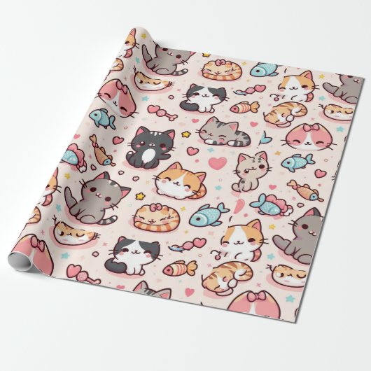 Schattig Kawaii Cats Pattern Cadeaupapier (Uitgerold)