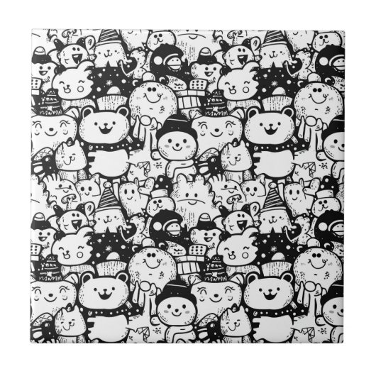Schattig Kawaii Dier Doodle Patroon (2) Tegeltje (Voorkant)