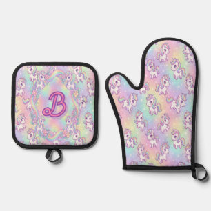 Schattig Kawaii Eenhoorn Pastel Regenboog Magisch Ovenwant & Pannenlap Set