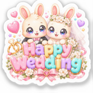 Schattig Kawaii Gelukkig Trouw Konijnen Koppel Pas Sticker