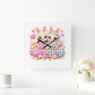 Schattig Kawaii Gelukkig Trouw Konijnen Koppel Pas Vierkante Klok