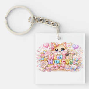 Schattig Kawaii Gemaakt Met Liefde Kat Naam Pastel Sleutelhanger