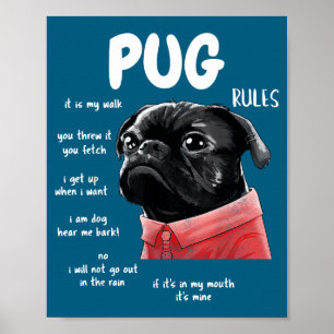 Schattig Kawaii Grappige Zwarte Pug Hond Heerst Ov Poster