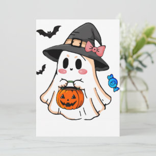 Schattig Kawaii Halloween spook in heksenhoed met Kaart