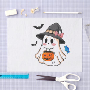 Schattig Kawaii Halloween spook in heksenhoed met Tissuepapier