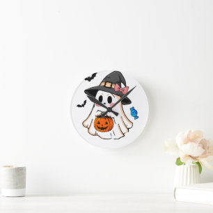 Schattig Kawaii Halloween-spook in heksenhut met p Ronde Klok