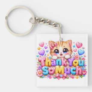 Schattig Kawaii Hartelijk Dank Kat Naam Pastel Roz Sleutelhanger