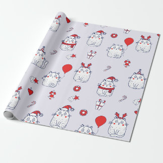 Schattig Kawaii Kerstkat Vakantie Doodle Patroon Cadeaupapier