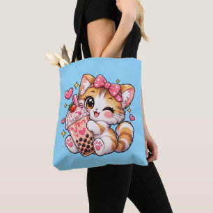 Schattig Kawaii Kitten Knikkend Boba Thee Tote Bag